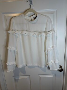 J. Crew Cream Ruffle Lace-Trim Blouse